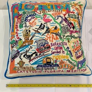 Studio Catstudio Cream Pillow with Blue Trim and Pink Tag